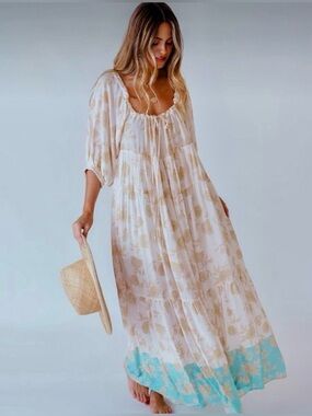 Olivaceous Cream Floral Maxi Dress with Turquoise Hem